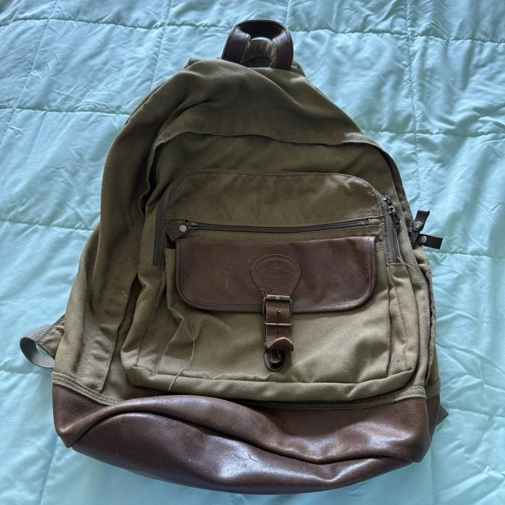 Vtg 90s Eddie Bauer Legacy Leather Canvas Backpack Olive Green Gorpcore